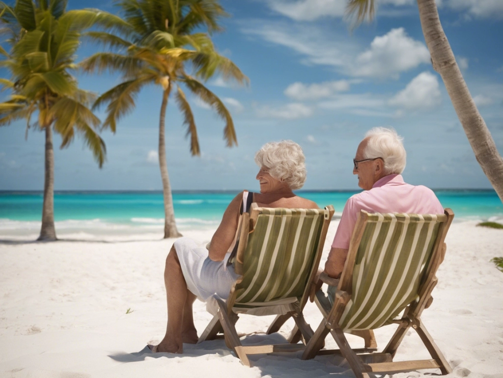 a man and woman sitting in chairs on a beach